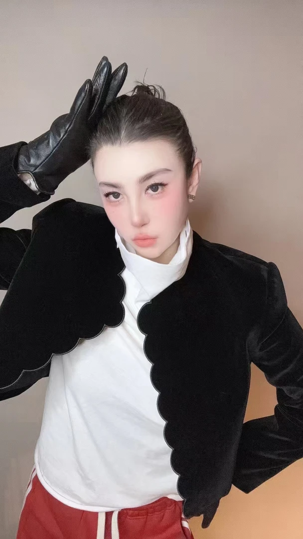 【HAV】新款时髦丝绒圆领波浪边长袖外套