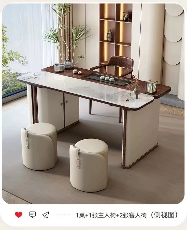 中古风阳台岩板茶桌实木小茶台茶盘一体家用小型功夫新中式小户型