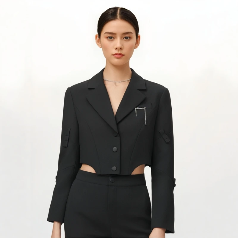 潮牌魔系列装饰链条不规则高腰蝴蝶结西装外套秋装品牌撤柜女装