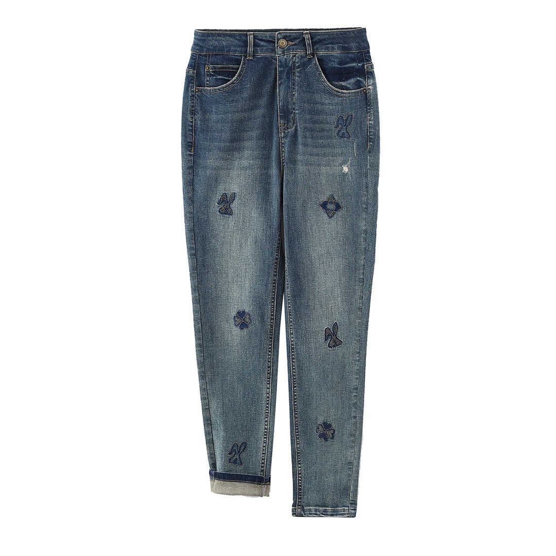 羽s系列复古烫钻刺绣修身小脚百搭破洞牛仔裤春装新品折