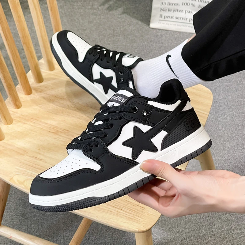 春季新款学生小众黑白熊猫撞色星星板鞋男情侣透气运动高颜值男鞋