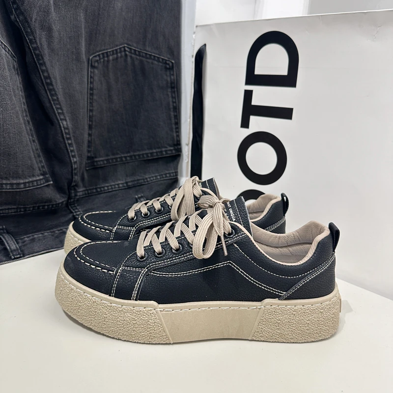 男鞋子潮鞋2024新款黑色休闲鞋学生爆款复古潮流百搭厚底板鞋男士