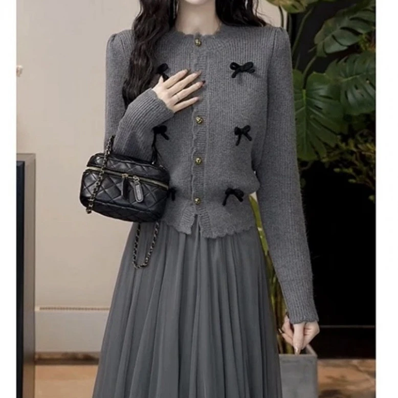 2024秋冬-穿搭-一整套慵懒风小香风毛衣开衫女长袖针织+裙子套装