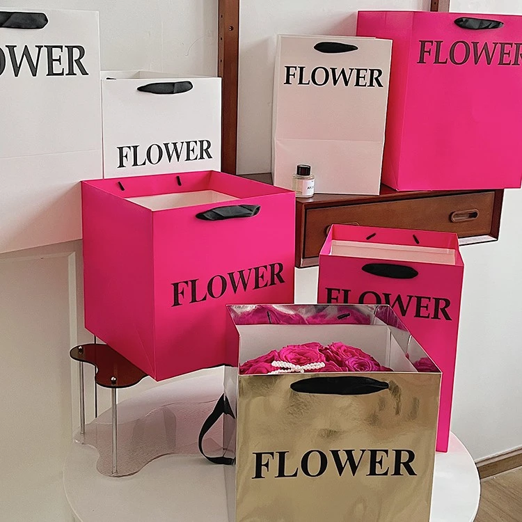 贝影 方形鲜花花束手提袋简约字母礼袋大中小号玫红袋子花艺资材