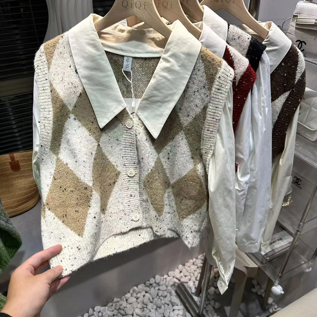 琦琦子 A3826# 东大门韩版学院风菱格马甲针织背心搭衬衫上衣