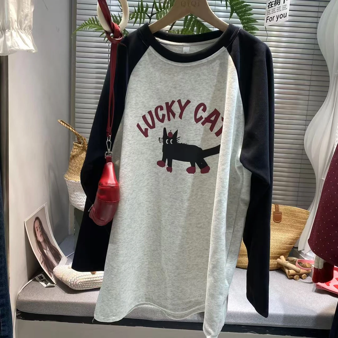 琦琦子 A3815# 东大门韩版秋冬款插肩袖小猫咪加绒加厚卫衣打底衫