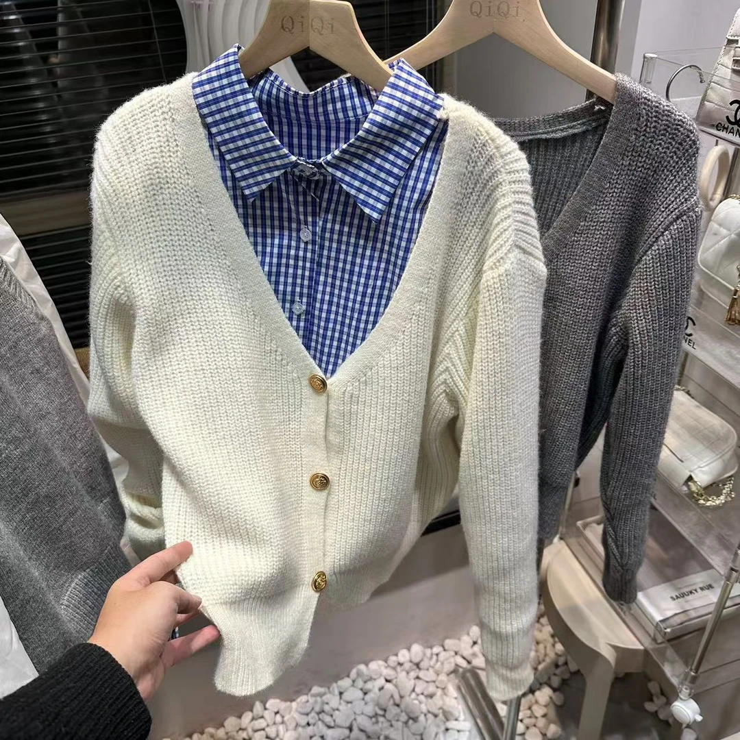 琦琦子 A3837# 东大门韩版小金扣长袖针织开衫搭格子衬衫两件套