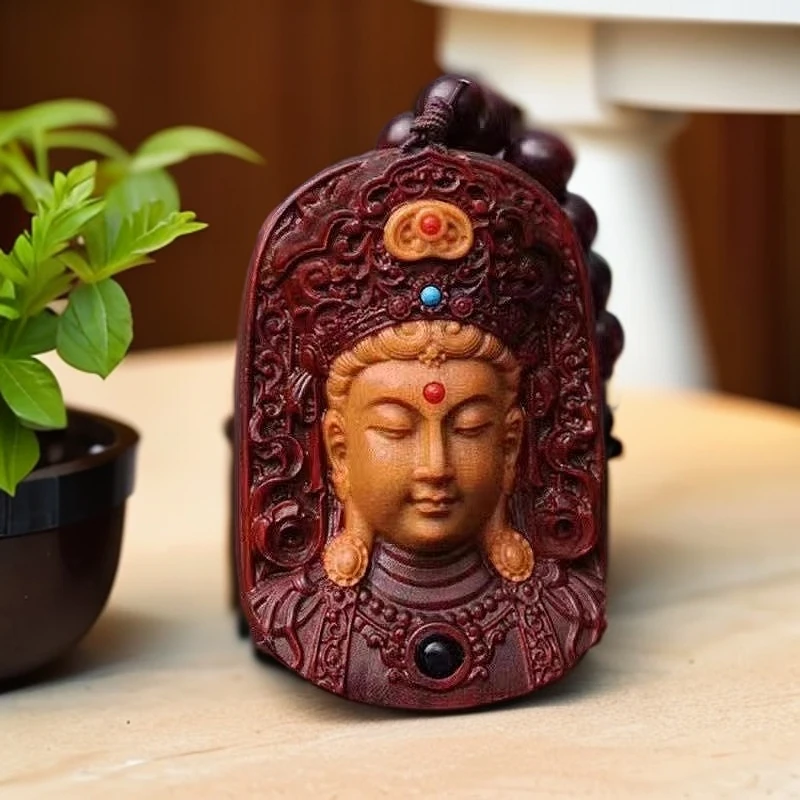 小叶紫檀度母观音菩萨牌挂件吊坠项链木雕佛牌挂坠牌子毛衣链送礼