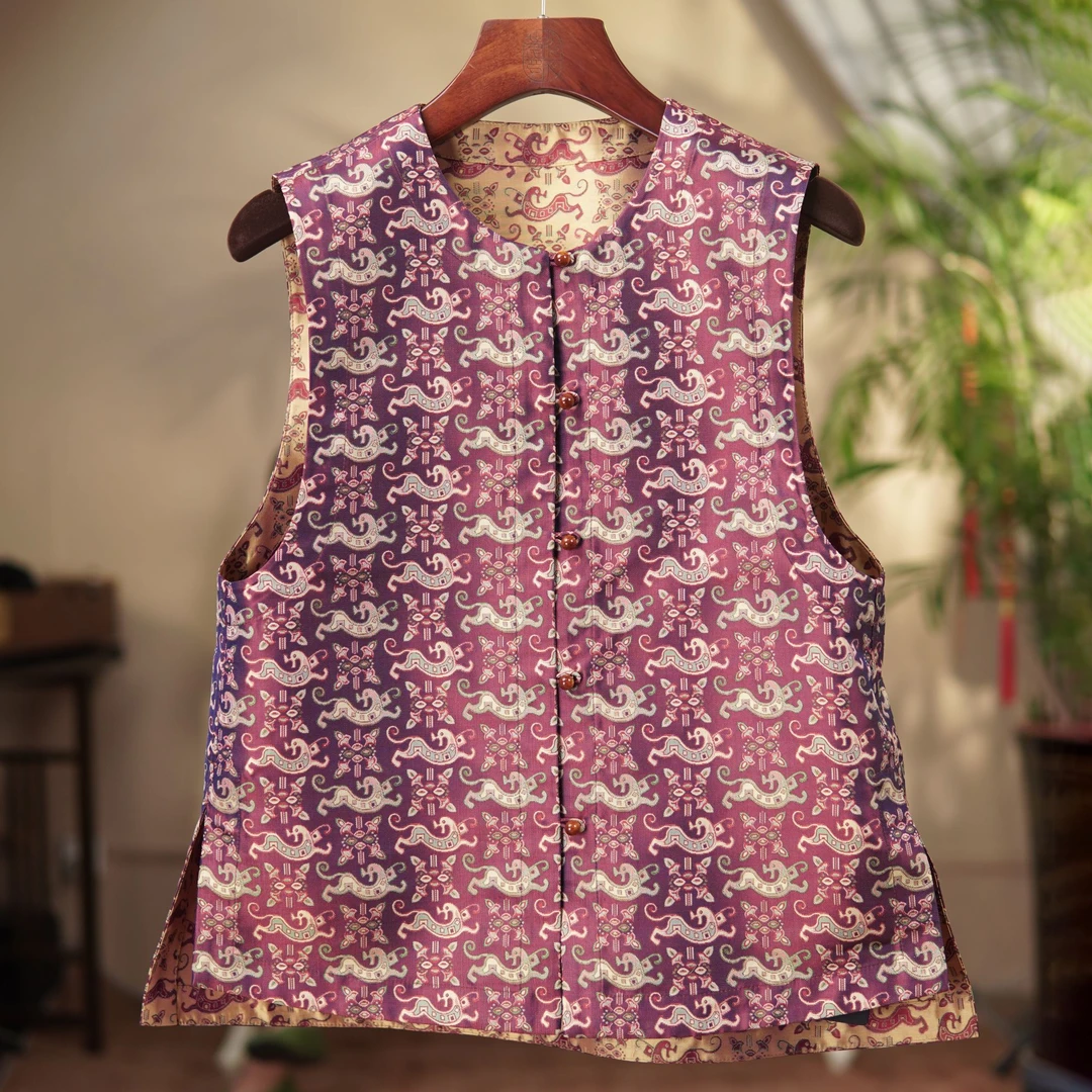 【莨作罗衣】百花豹蜀锦马甲︱蚕丝民族风高端真丝女装对襟圆领马夹