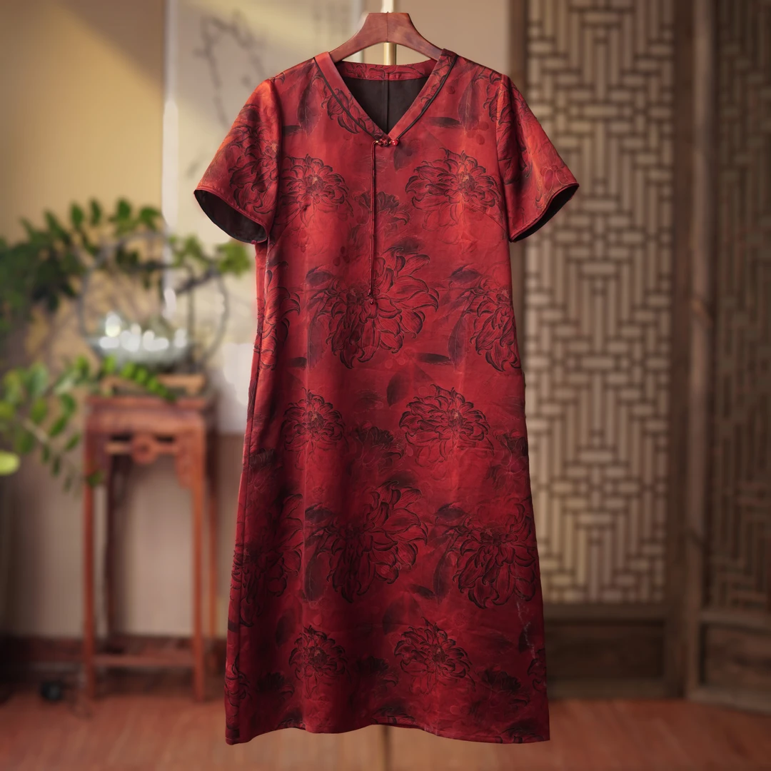 【喜梅】湖丝提花罗缎香云纱连衣裙｜100%桑蚕丝V领国风宽松舒适大码