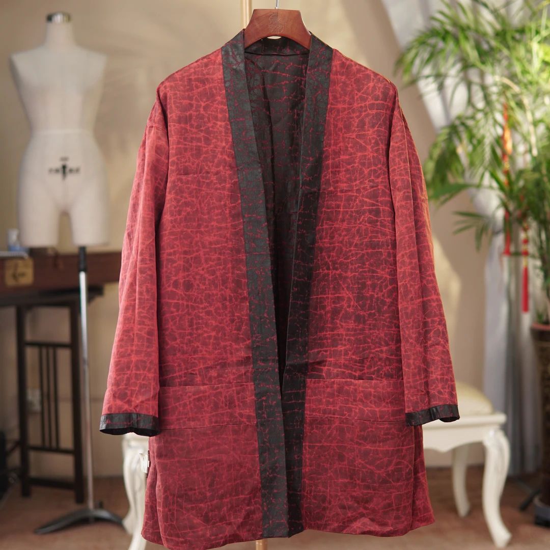 【莨作罗衣】大透彩红缎龟外披｜100%桑蚕丝国风新中式复古上衣0727