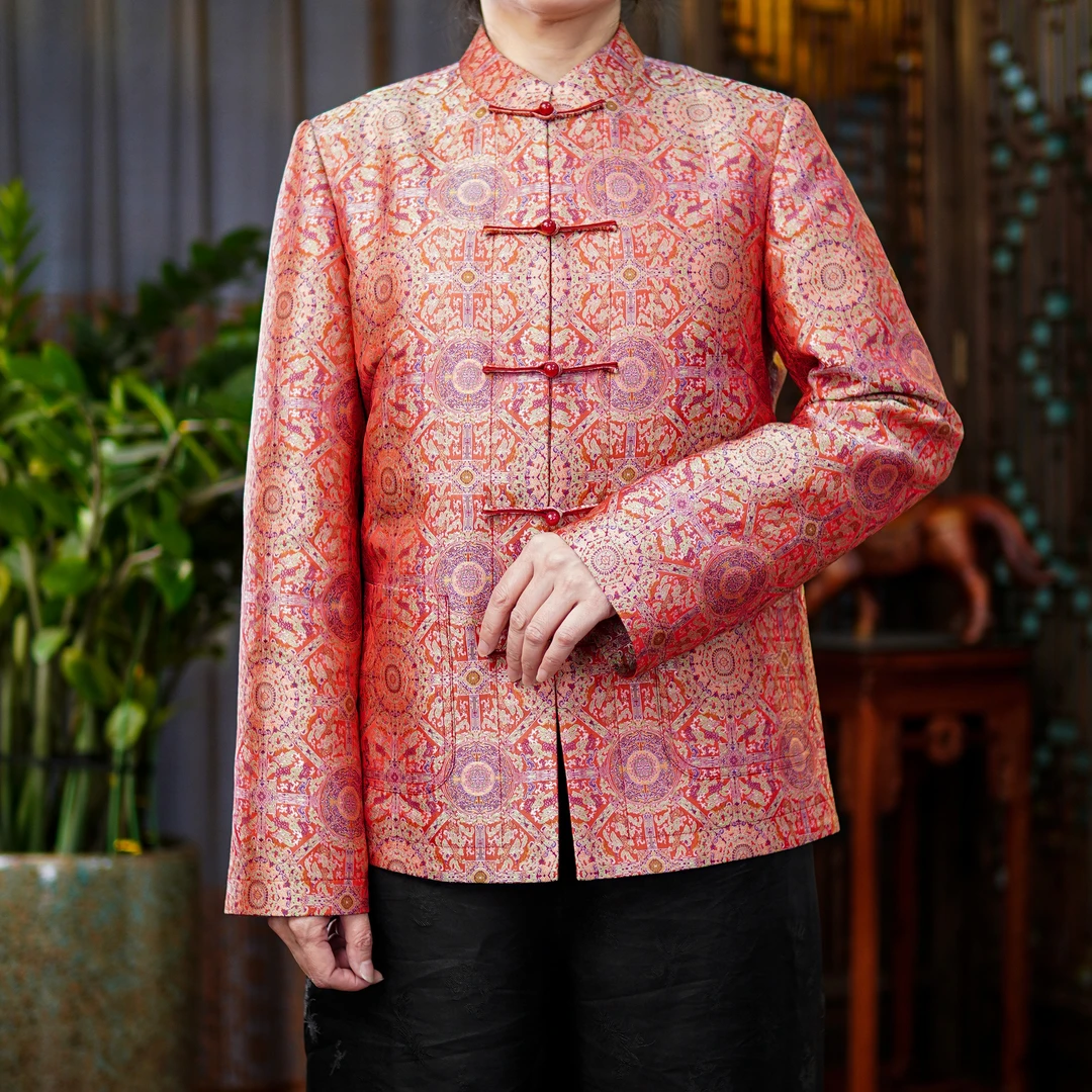 【非遗六重纬宋锦】新中式外套︱上久楷100%桑蚕丝︱青红地夔龙凤纹