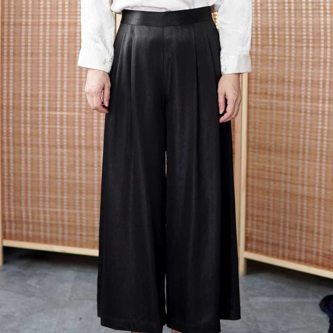 【衣恋非遗香云纱】老油重缎阔腿裤｜100%桑蚕丝秋季黑色长裤3007