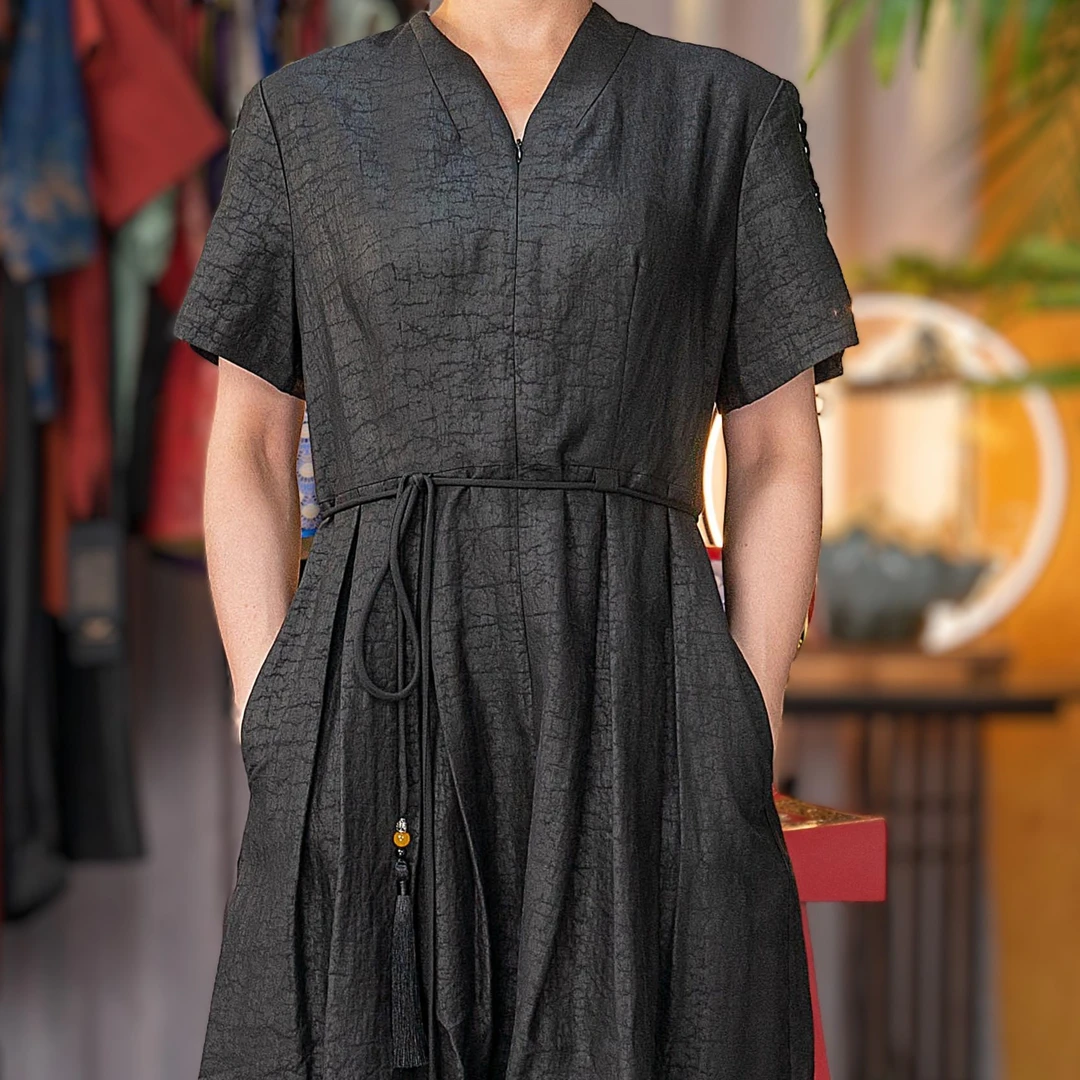 【非遗顺德香云纱】老料黑油龟连衣裙｜100%桑蚕丝夏季黑色气质长裙