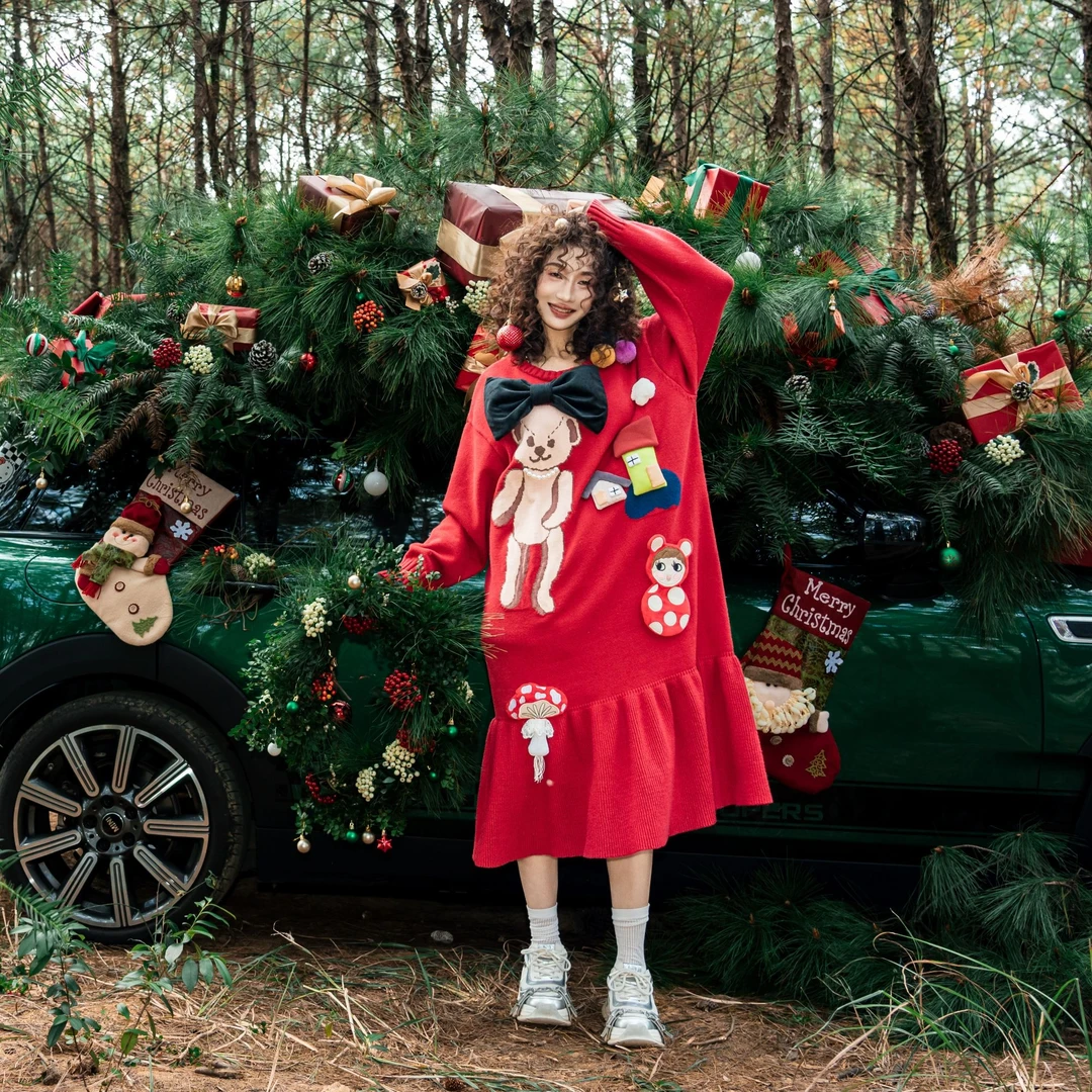 芽小七原创小众豆沙熊暖冬物语毛线裙秋冬中长款宽松长袖女