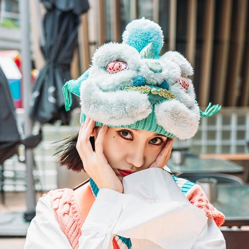 芽小七原创手工国潮青色醒狮毛线帽子女秋冬百搭毛织保暖运动帽
