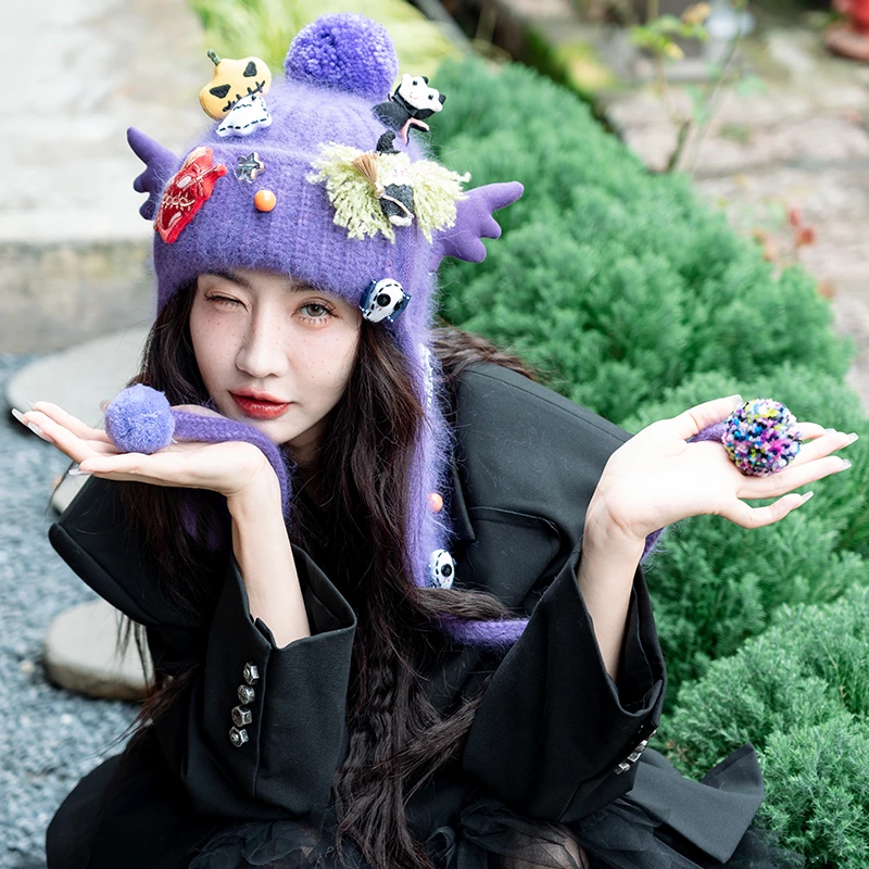 芽小七原创万圣节毛线帽百搭萌妹秋冬防寒保暖帽