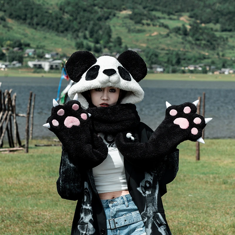 芽小七手创秋冬款熊猫围巾一体帽子围巾三合一毛绒黑白百搭显白