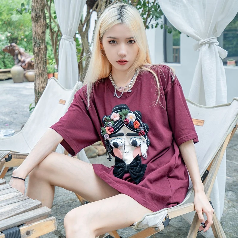 芽小七原创手工艺术家卡罗纯棉短袖女t恤宽松上衣女夏设计感小众