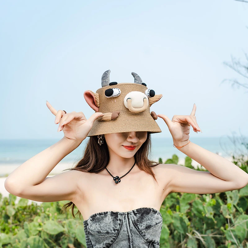 芽小七十二生肖之丑牛草帽四季款出游百搭日系草编帽遮阳防晒通用