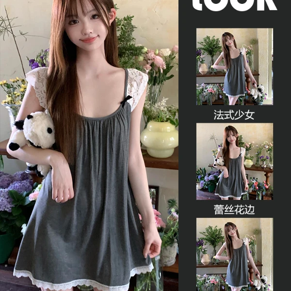 少女甜美蕾丝花边吊带睡衣女夏季2024新款大码睡裙家居服连衣裙子