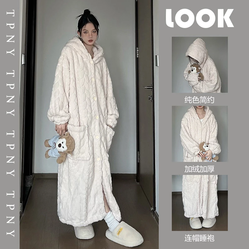 韩版高级提花珊瑚绒睡衣女冬款新款加厚毛绒睡袍家居服大码睡裙冬