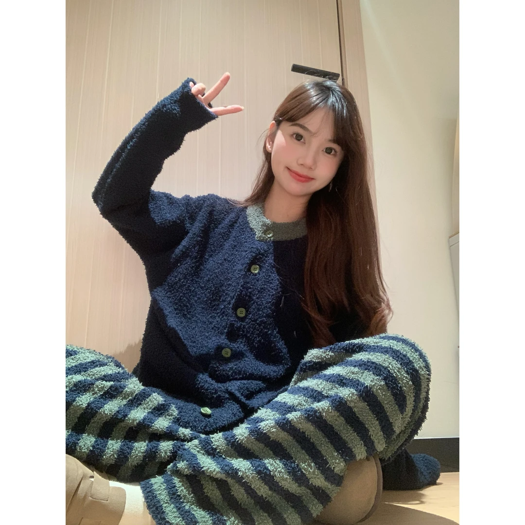 【撞色条纹】韩版针织半边绒开衫睡衣女冬季新款家居服可外穿套装