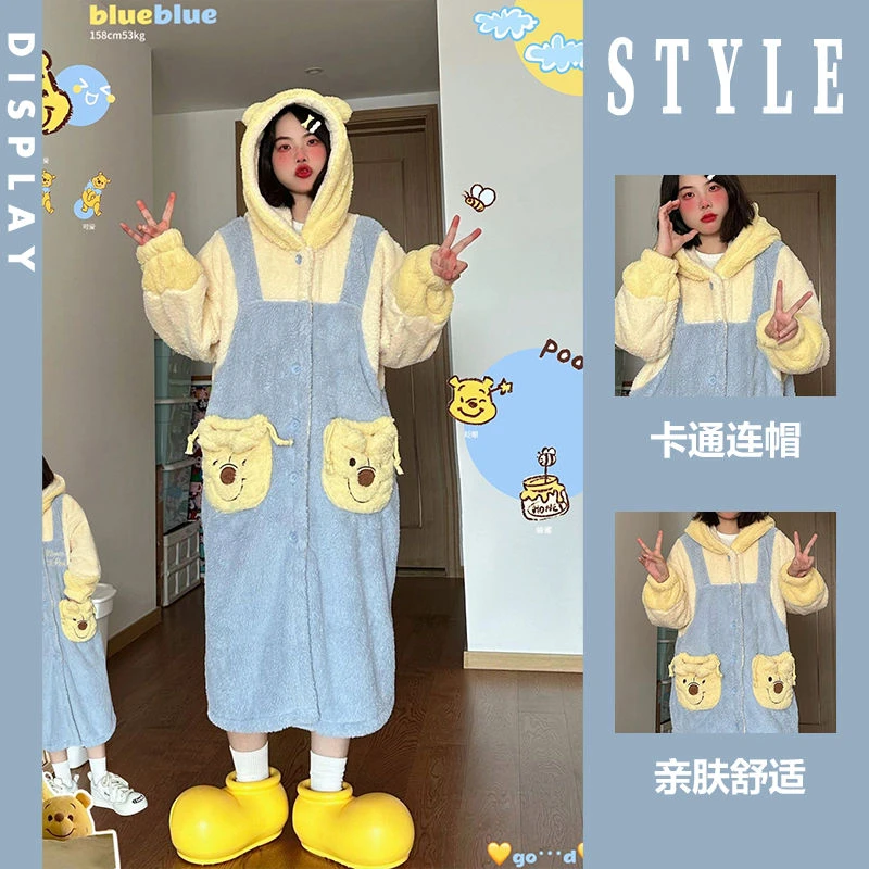 少女可爱维尼熊连帽珊瑚绒睡衣女冬季加厚毛绒家居服睡裙睡袍外穿