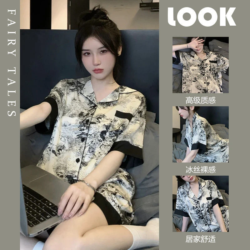 国风水墨印花短袖睡衣女网红风夏季新款高级感冰丝家居服短裤套装