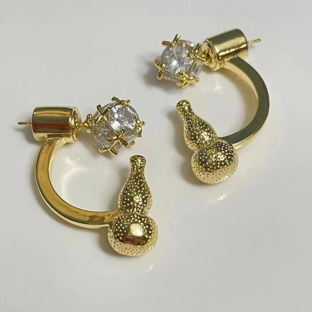 铜合金合成锆石耳饰 SQ思岐-新中式复古细针小葫芦镶锆耳饰4680