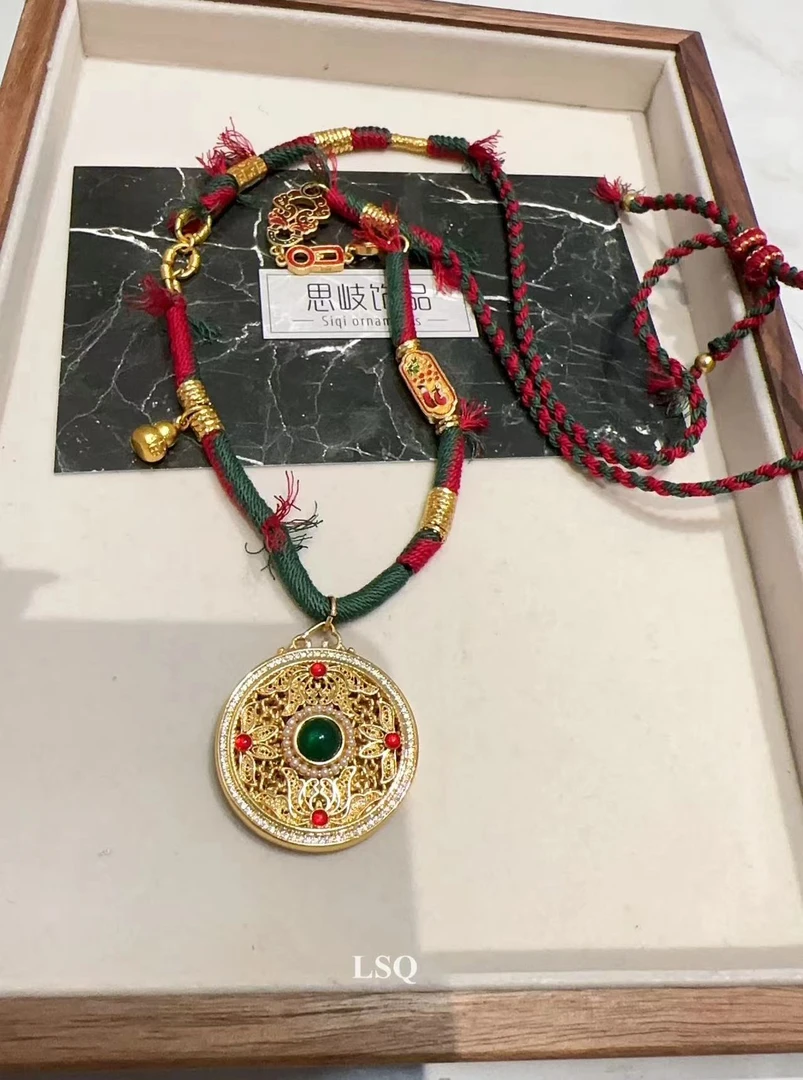 铜合金布艺项链 SQ新中式24秋-宫廷古法六字真言花丝编绳项链5098