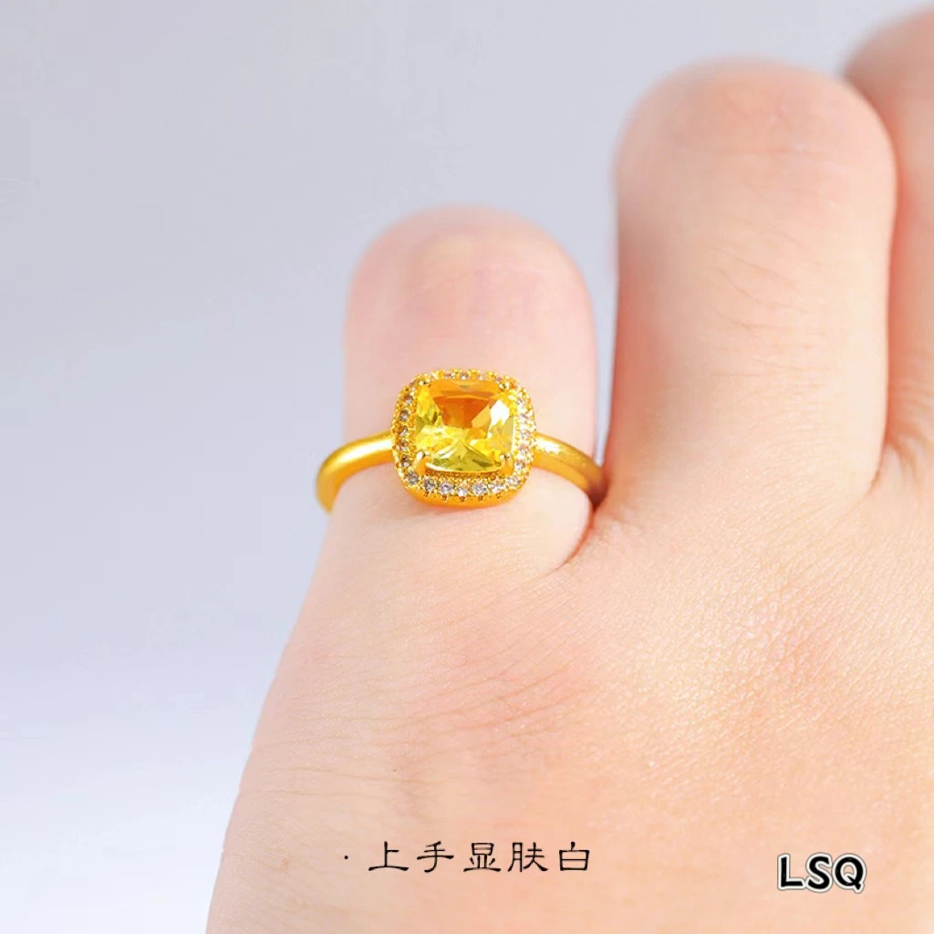 铜合金合成锆石戒指 SQ思岐饰品-2024新品-大号方糖黄锆戒指3943
