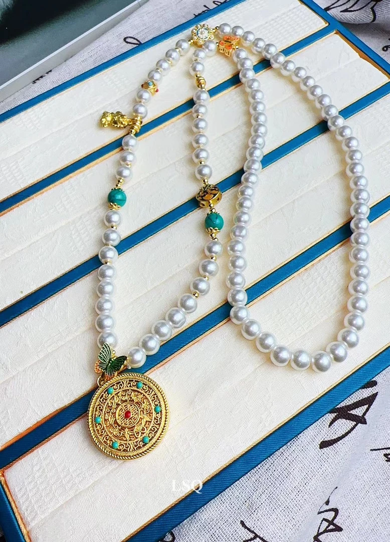 铜合金仿珍珠项链 SQ思岐-新中式古烧蓝彩蝶贝珠八宝罗盘项链4234