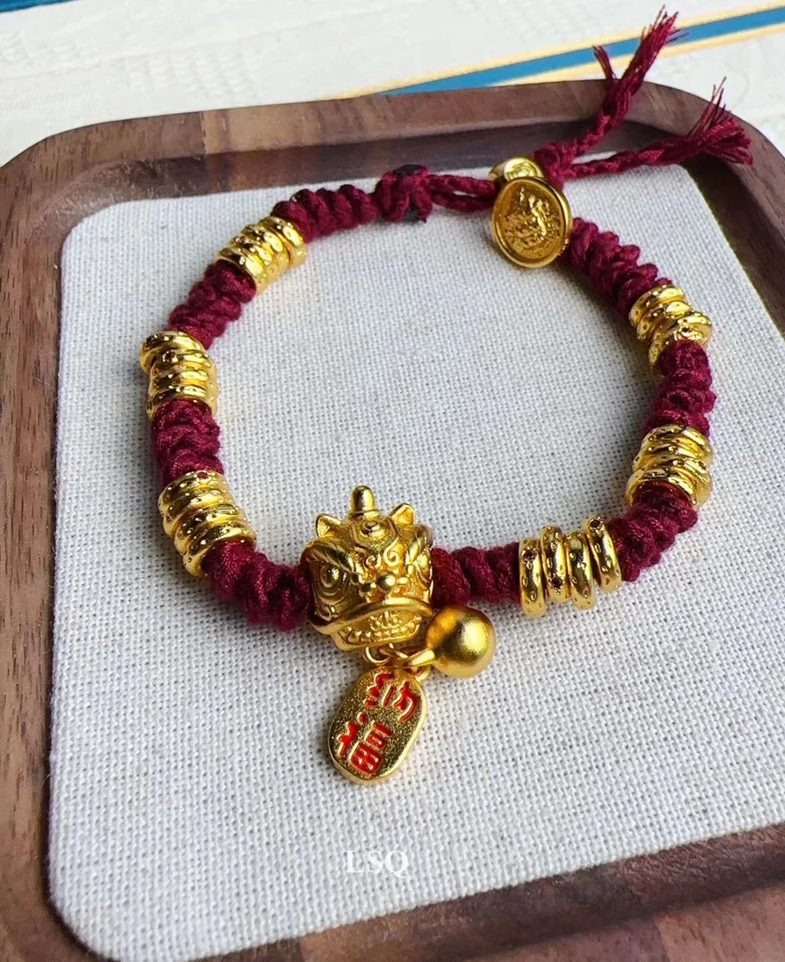 铜合金布艺手链 SQ思岐-新中式编绳铃铛醒狮乌梅子酱盘缠手链4185