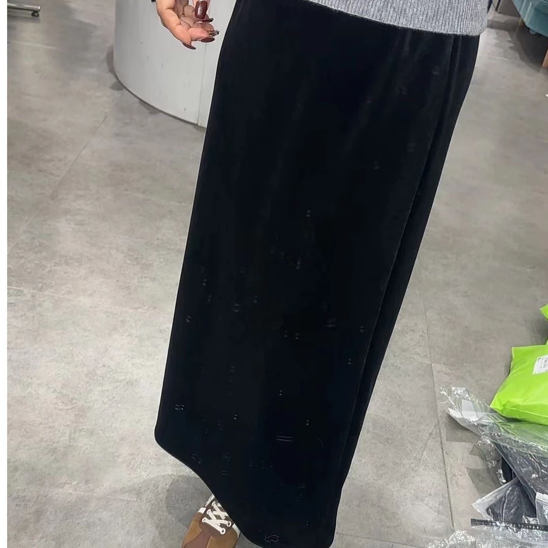 黑色复合绒加厚丝绒半身裙女冬季宽松高腰中长款