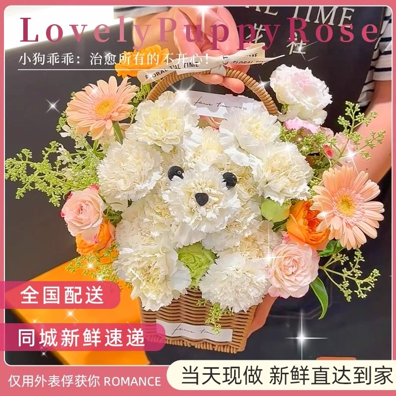 小狗花束鲜花速递同城配送女友男友闺蜜小狗花花花束鲜花高考毕业