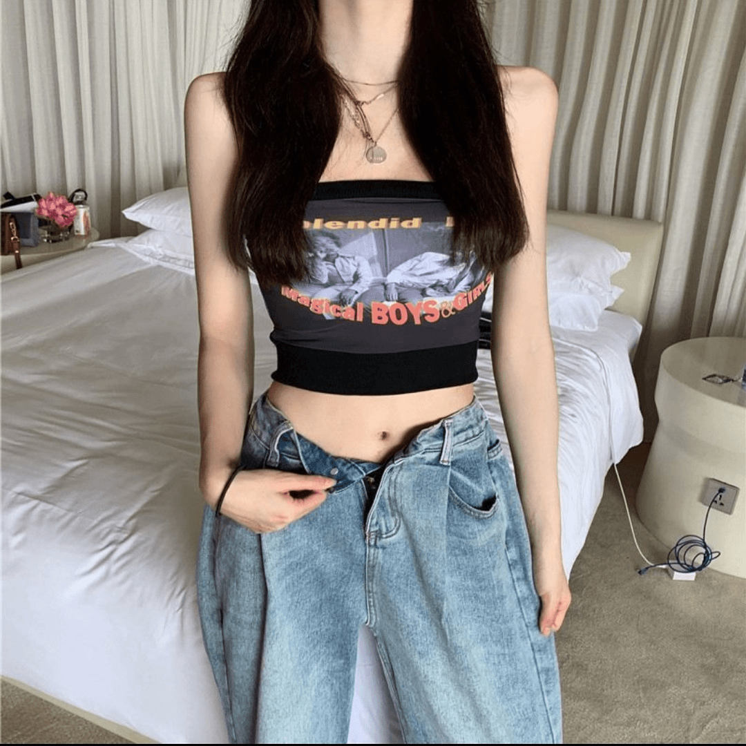 【孤品单件】网红短款性感夏季小众修身印花辣妹牛仔短袖
