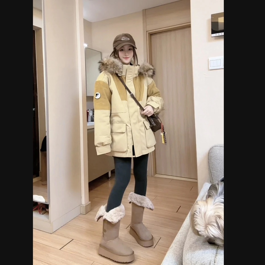 【天天粉丝专属】新款工装真毛领派克服灯芯绒拼接韩版加厚保暖