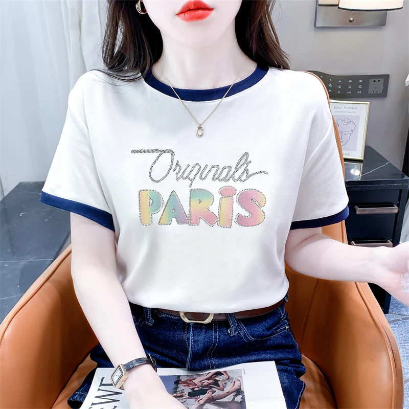 女士夏季高端撞色t恤短袖新款韩版轻奢小众宽松休闲显瘦白色上衣