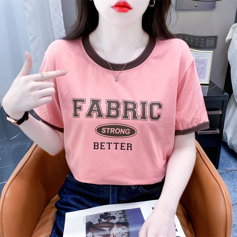 时尚撞色短袖t恤女夏季新款宽松休闲显瘦字母印花百搭圆领上衣