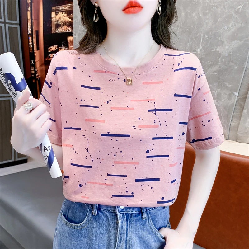 纯棉短袖t恤女士夏装新款宽松印花设计感小众粉色圆领上衣体恤衫