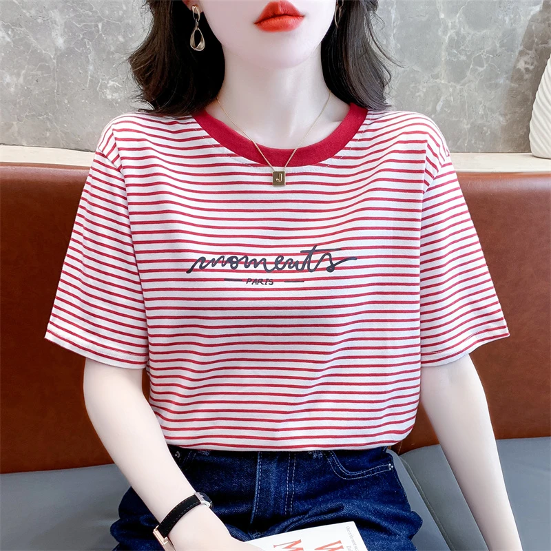 夏季时尚圆领撞色短袖t恤女新款宽松显瘦百搭洋气条纹圆领上衣潮