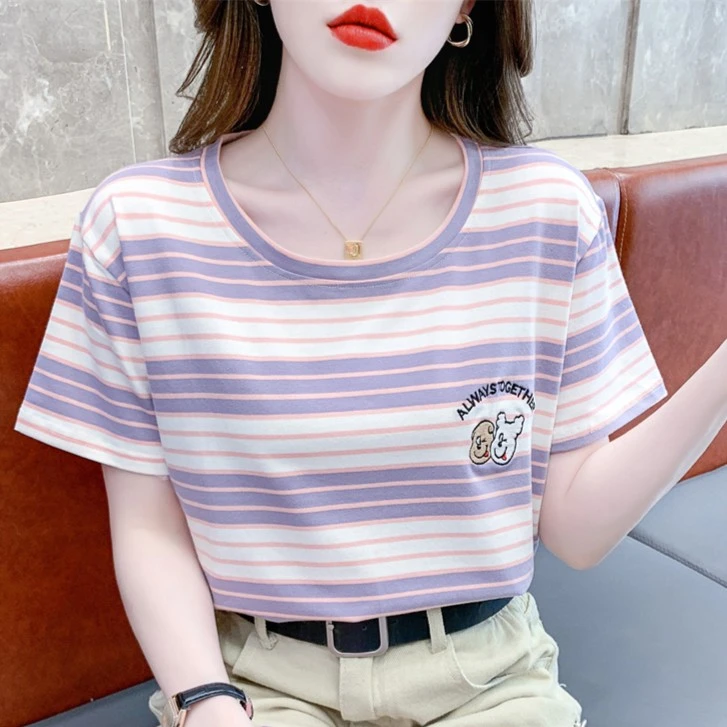 纯棉条纹短袖T恤女2023夏季新款韩版宽松圆领刺绣半袖休闲上衣服