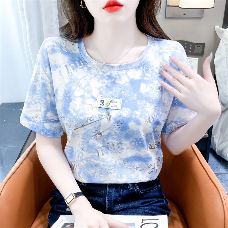 扎染印花短袖t恤女夏装新款宽松休闲洋气显瘦白色圆领体恤上衣