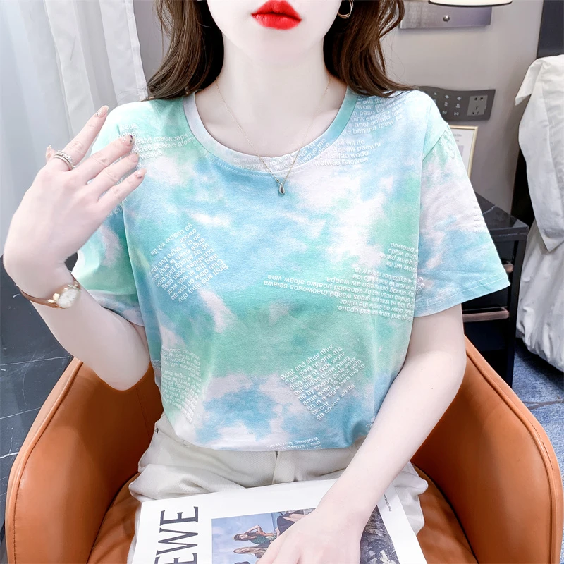 夏季高级感圆领扎染t恤女短袖新款宽松显瘦时尚印花百搭薄款女装