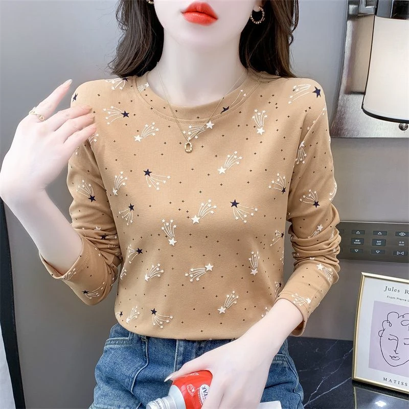 纯棉印花长袖t恤女秋冬季新款修身百搭打底衫内搭圆领洋气上衣服