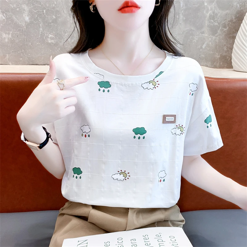 印花纯棉短袖t恤女士夏装正肩上衣新款韩版宽松百搭甜美白色体恤