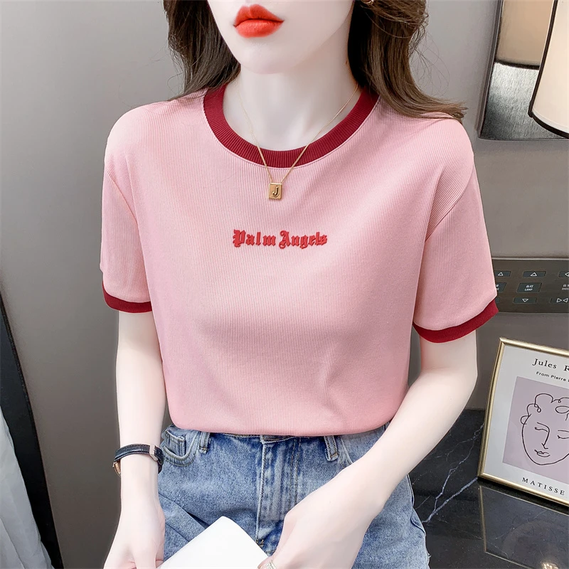 撞色短袖t恤女夏季新款韩版修身洋气字母压花设计感小众洋气上衣