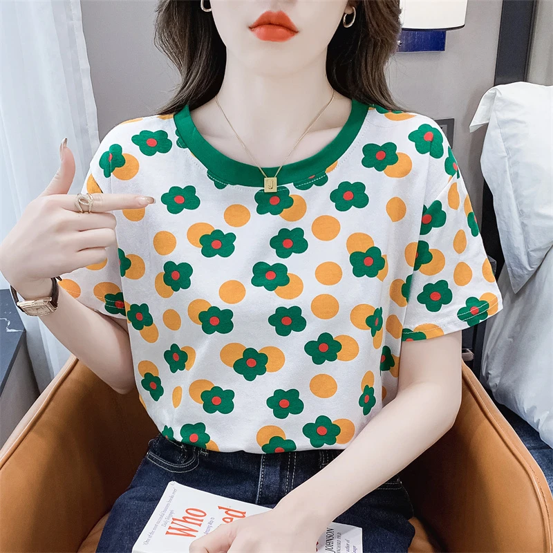 棉质碎花撞色短袖t恤女2025夏新款韩版宽松印花圆领体恤半袖上衣