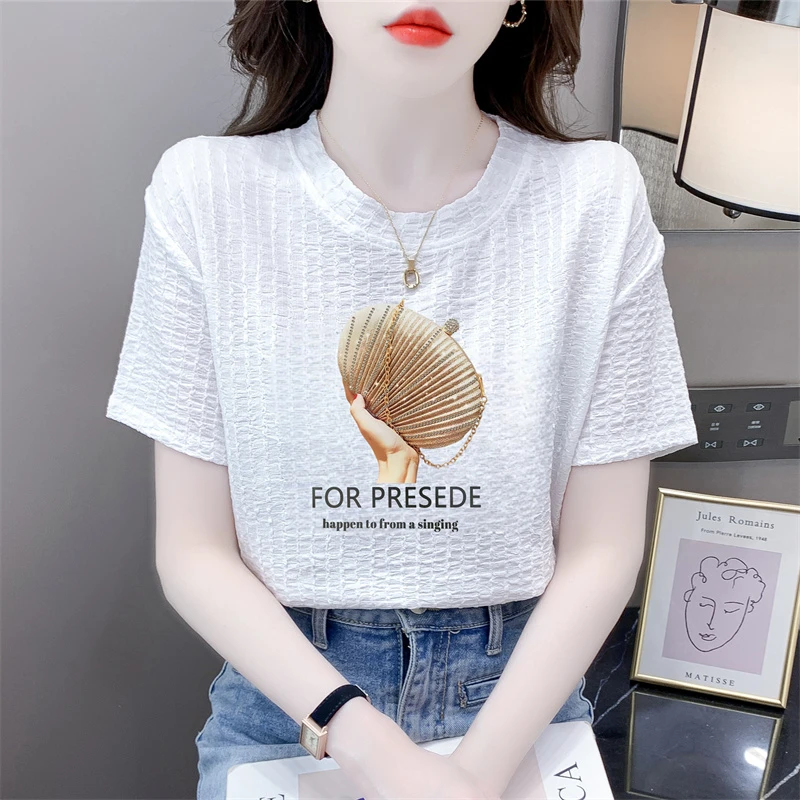 高端女夏装蕾丝印花短袖t恤女时尚宽松显瘦百搭薄款小众体恤衫女